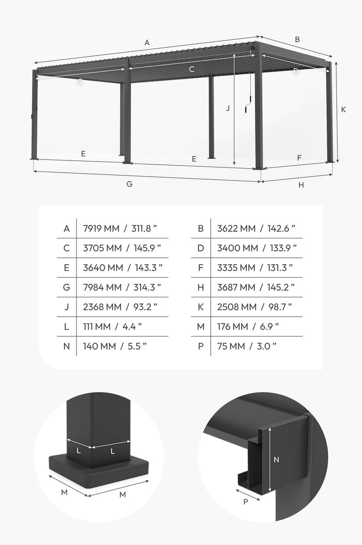 8M x 3.6M Rectangular NOVA TITAN Pergola GREY New 2025 Model